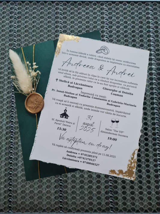Invitație de nuntă personalizată cu sigiliu din ceară și flori uscate