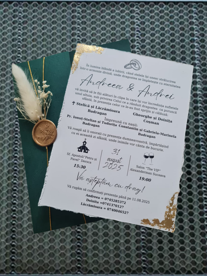 Invitație de nuntă personalizată cu sigiliu din ceară și flori uscate